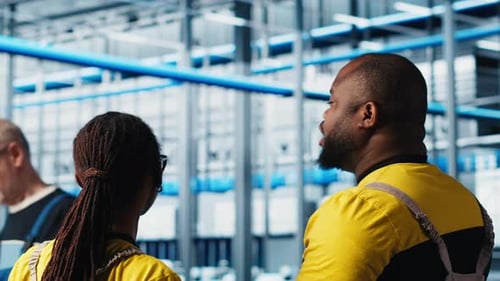 Equipo de ingeniería de plantas industriales de la Industria 4.0 que controla la maquinaria automatizada