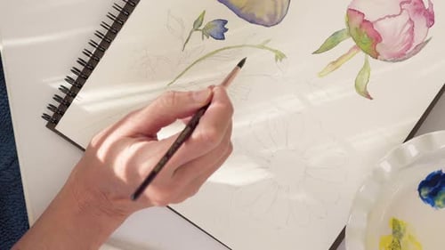 Aquarell malen, Blumen zeichnen. Kunst, Zeichnen lernen, Hobbykonzept