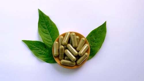 Green Capsules with Green Leaves on White Background