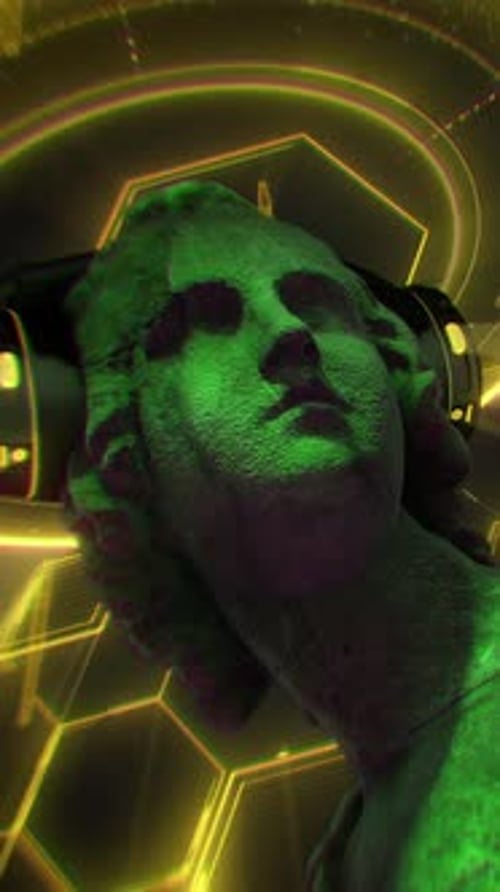 Futuristic Animated Statue Head with Headphones and Neon Grid