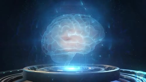 Holographic Digital Human Brain Rotating on Futuristic Platform
