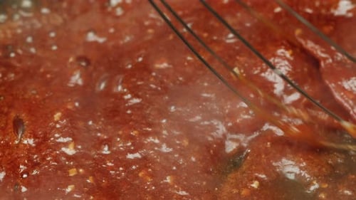 Close Up of Boiling Sugar with Bubbles Turns Into Caramel Caramelization Chef Cooking Dessert in