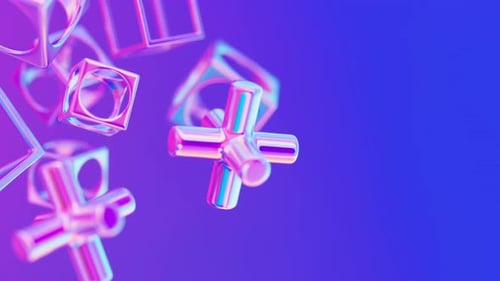 Formas geométricas iridiscentes holográficas metálicas abstractas en 3D, bucle de animación giratorio, moderno