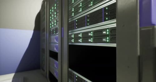 Data Center Infrastructure with Illuminated Server Racks and Cables