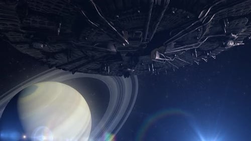 Futuristic Spaceship Flies Past Ringed Planet in Space