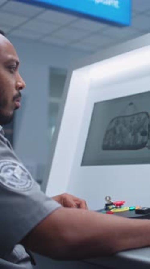 Airport Terminal Security Officer Monitors Baggage Screening on Computer Screens