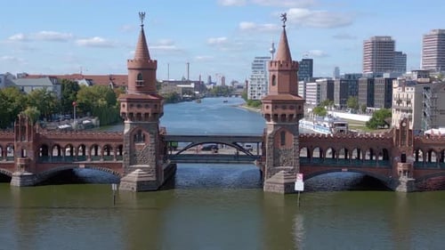Summer day east west Berlin Border River Bridge Germany. Stunning aerial top view flight panorama ov