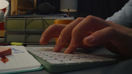 Guy Hands Texting Keyboard Buttons at Dark Interior Macro View. Closeup Man