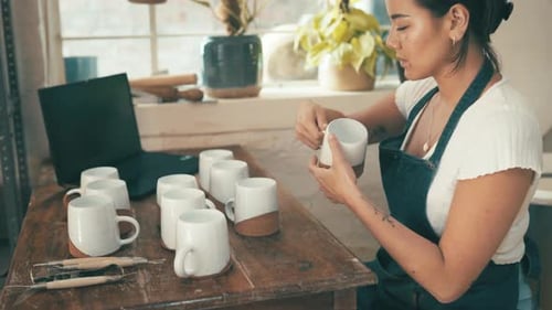 Workshop, woman or check ceramic cup, pottery design or mug for quality