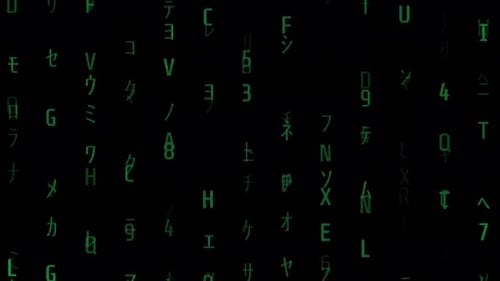 Vertical Green Japanese Characters Fall on a Black Screen, Emulating the Matrix Code Effect,