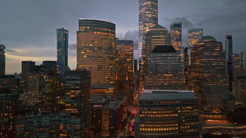 New York City Skyline at Dusk Night Aerial View NYC Near Night Clouds From Drone New York City