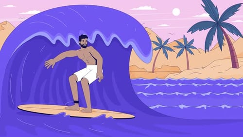 Männlicher Surfer reitet auf einer großen Meereswelle in der Nähe eines tropischen Strandes, Lofi, Animations-Tapete