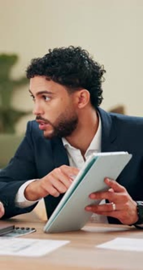Office, meeting and businessman with discussion for tablet, finance feedback and consultant