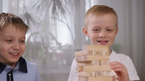 Two Cheerful Little Boys are Playing a Board Game with Wooden Blocks at Home