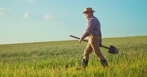 Full Length View of the Senior Caucasian Good Looking Wise Man Farmer in a Hat Looking at the Field