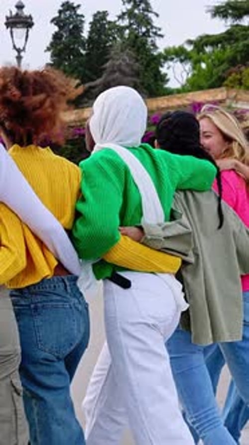 Vista traseira de um grupo jovem de mulheres diversas caminhando juntas e abraçando o ar livre