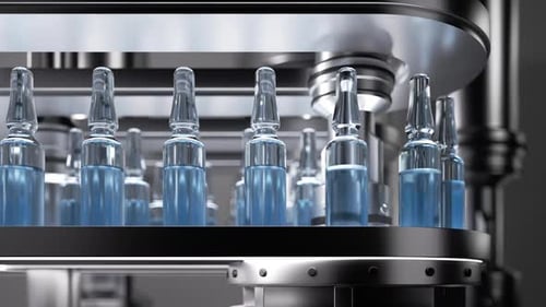 Glass ampoules with blue liquid moving on automatic conveyor line.