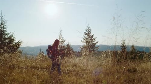 Wide Attractive Woman Hiking on Road in Grassy Field. Female Tourist