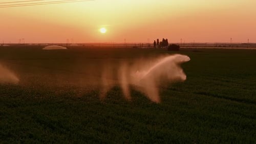 Bewässerungssystem auf einem landwirtschaftlichen Feld bei Sonnenuntergang, Nahaufnahme aus der Luft