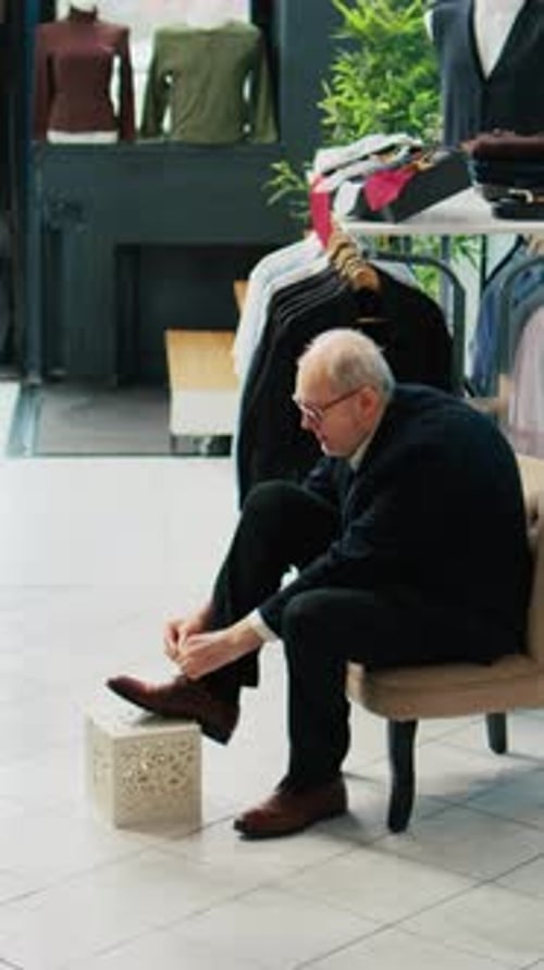 Elderly Man Tying Shoe in Upscale Clothing Store