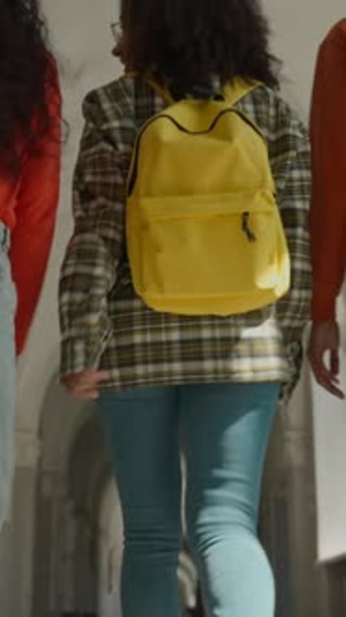 Back View Group Four Multiracial Students Walking University College Corridor Diversity Friends