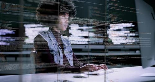 Woman, programming and coding at night on dashboard for computer software or application at office