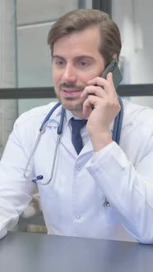 Doctor Talking on Cell Phone in Medical Setting