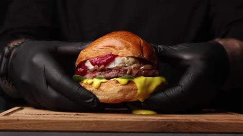 Delicious juicy hamburger in a restaurant