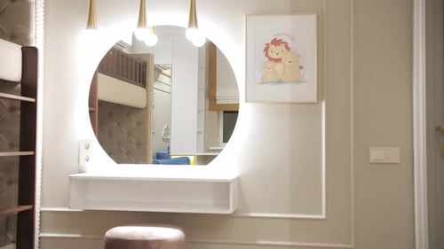 Modern Dressing Table with Round Mirror and Wall Decor