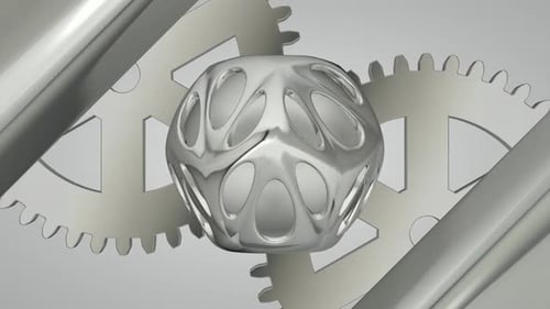 Hintergrund mit silberner Kugel und rotierenden Zahnrädern, exklusives, einzigartiges Design, 3D-Rendering, Reflexion