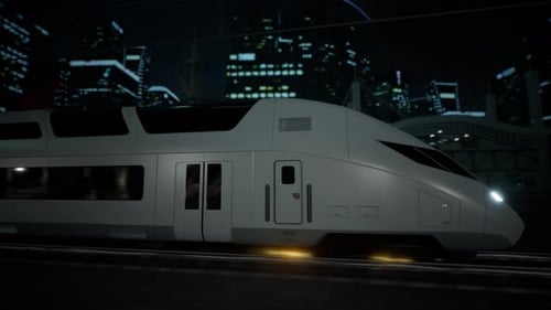 Tren bala de alta velocidad que se mueve de noche en una ciudad moderna