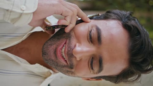 Cheerful Brunette Talking Smartphone Alley Vertically Closeup Happy Man Calling