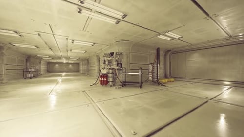 Vacant Spaceship Bay Featuring Reflective Surfaces and Lighting