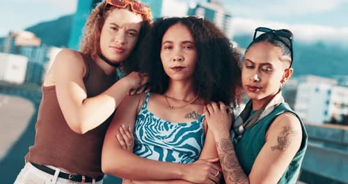 Fashion, diversity and woman friends in city together for girl power, support or trendy style