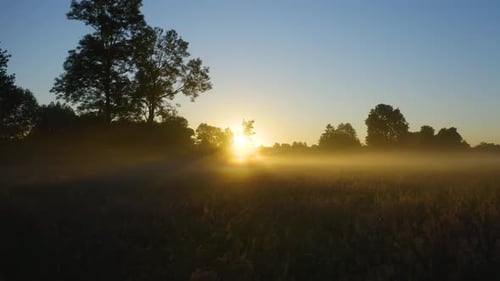 Aerial video of the foggy sunrise landscape