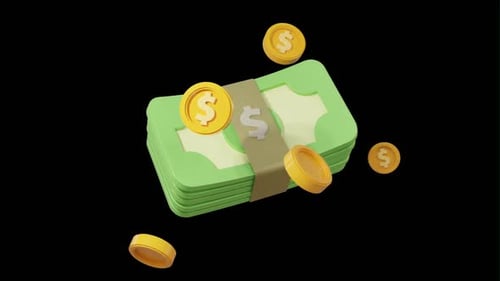 3D Animated Stack of Dollar Bills and Floating Coins