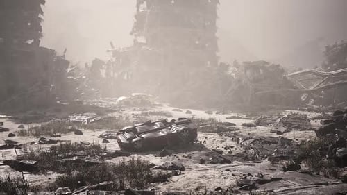 Abandoned Vehicle in a Desolate Urban Landscape After Destruction
