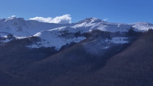 Drone Aerial Side Flyover of Snowy Mountain Ridge in Abruzzo Italy