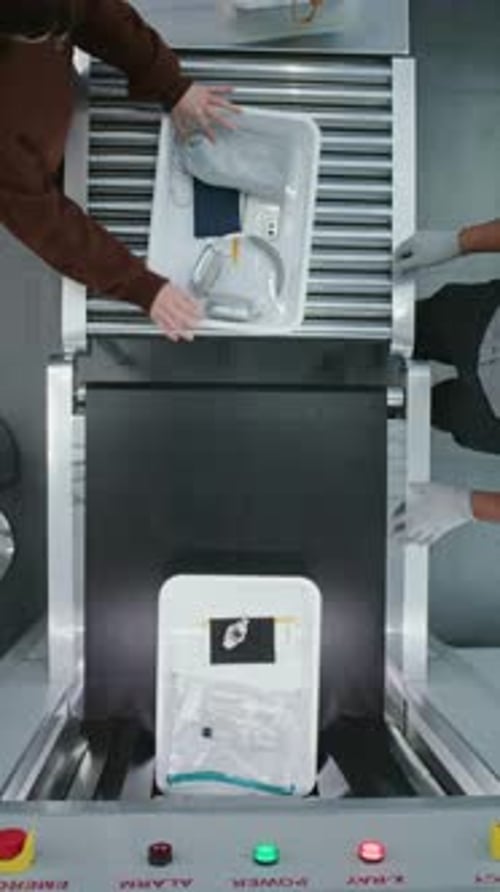 Top View on Diverse People Passengers Putting Personal Items in Plastic Trays for Screening
