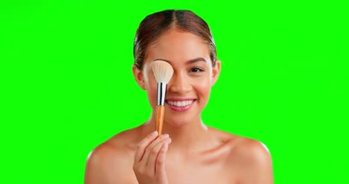 Green screen, makeup brush and eyeshadow for face of woman in studio for glamour beauty on mockup