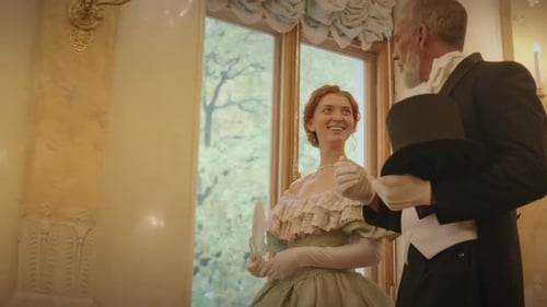 Aristocratic Man and Woman Having Conversation at Ball Hall