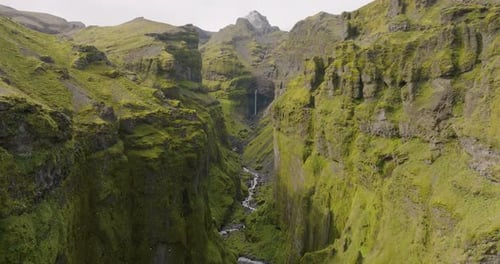 Aerial view of mulagljufur canyon and waterfall, Iceland.