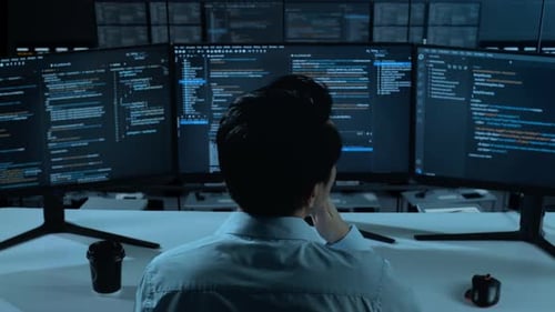 Asian Man Thinking About Something While Write Code With Multiple Computer Screens In office