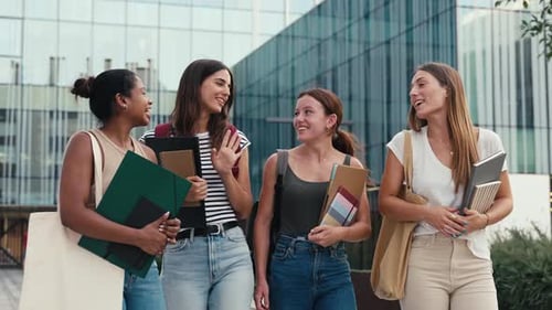 Cheerful Multiracial Student Girls Walking After University Classes Diversity in Higher Education