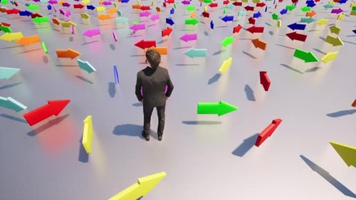 3D Animated Business Man Surrounded by Directional Arrows
