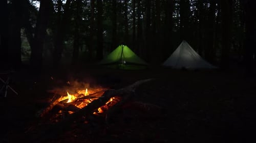 Two glowing tents pitched in forest at night with campfire burning, dolly slide