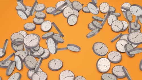 3d Simple Clock Falling On Soft Orange Background, Time Travel Concept. Clock Animation Counting.