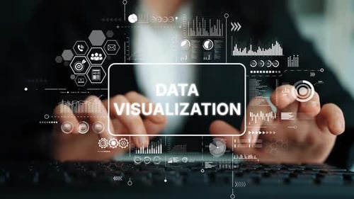 Woman Typing Keyboard with Data Visualization Graphics Overlay