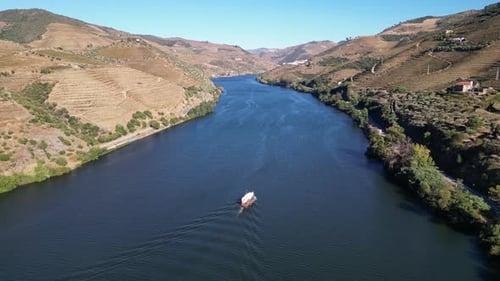 Luftaufnahme der Weinberge und des Flusses im Douro-Tal, Portugal.