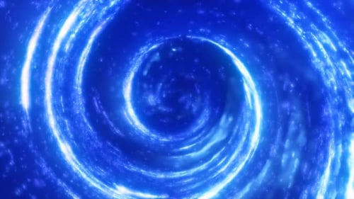 Un tourbillon bleu formant un vortex cosmique brillant dans l'espace lointain, rempli de traînées lumineuses